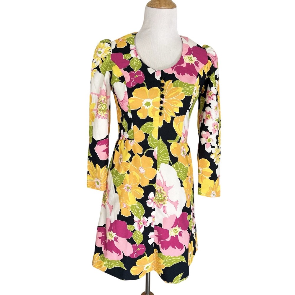 Vintage 60/70s Long Sleeve Mini Dress Floral Psychedelic Groovy Retro Handmade